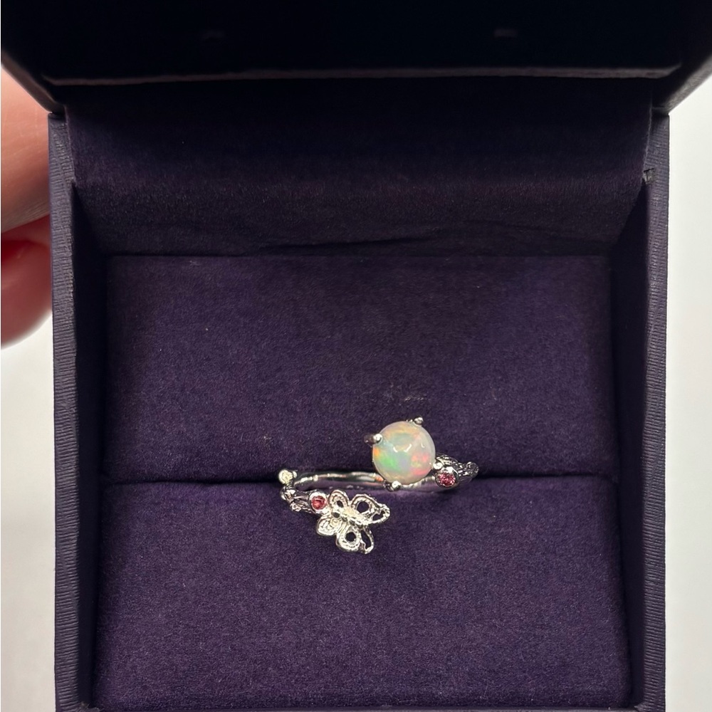 Natural 6mm Opal and Red Garnet Ring Size 7 - Picture 2 of 9